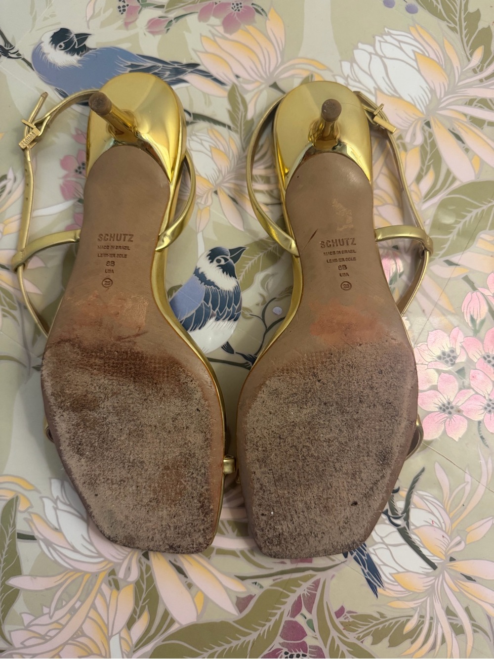 SCHUTZ Metallic Gold Strappy Square-Toe Heels - Picture 5 of 5